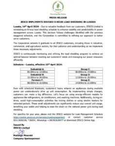 Read more about the article ZESCO 8 HOURS LOAD SHEDDING SCHEDULE (14TH APRIL.