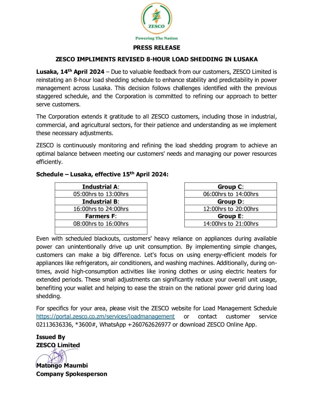 Read more about the article ZESCO 8 HOURS LOAD SHEDDING SCHEDULE (14TH APRIL.